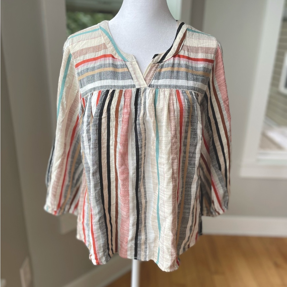 Knox Rose Ivory Multicolor Striped V Notch Balloon Sleeve Summer Blouse Top XS